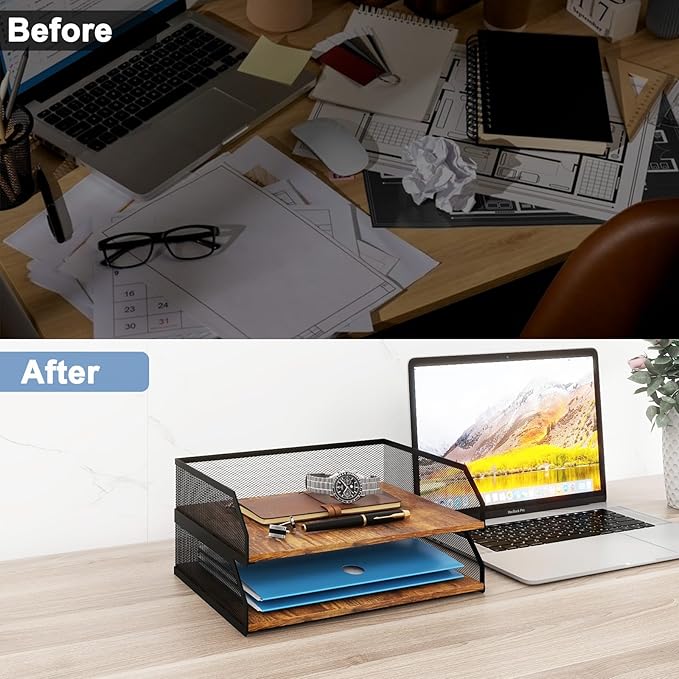 Natwind 2-Tier Stackable Paper Tray, Metal Mesh Desktop Organizer, Paper Sorter, Letter Trays,File Document Storage Rack for for Home, Office, School (Retro)-DeskLoop Office