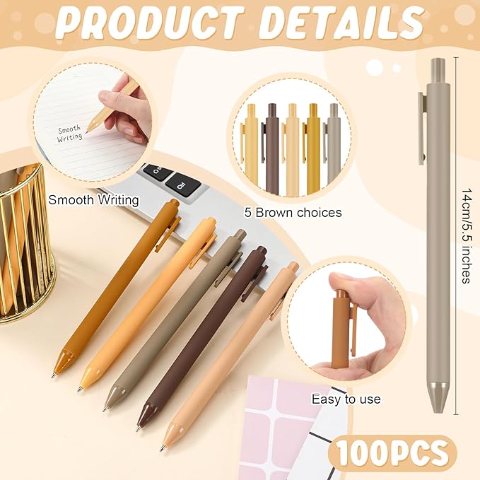100 Pcs Ballpoint Pens Bulk Retractable Writing 1. 0 mm Black Ink Cute Pens Smooth Writing Color Fancy Gift for Teacher Student Employee Office School Home Baby Shower Supplies (Brown Series)-DeskLoop Office