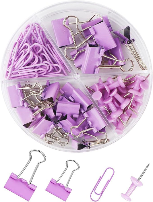 Purple Binder Clips and Paper Clips Push Pins Tacks Sets, Total 72 PCS Assorted Sizes Office Supplies Set for Women, Student, School, Home & Desk Supplies-DeskLoop Office