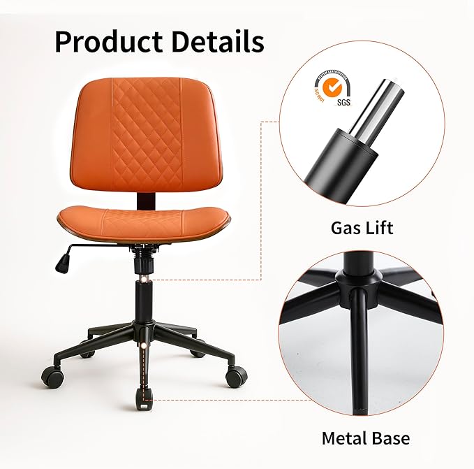 Small Home Office Chair - Armless Mid Back Desk Chair with 360° Swivel and Wheels, PU Upholstered Height Adjustable Modern Walnut Computer Chair for Home, Office Meeting Room - Orange-DeskLoop Office