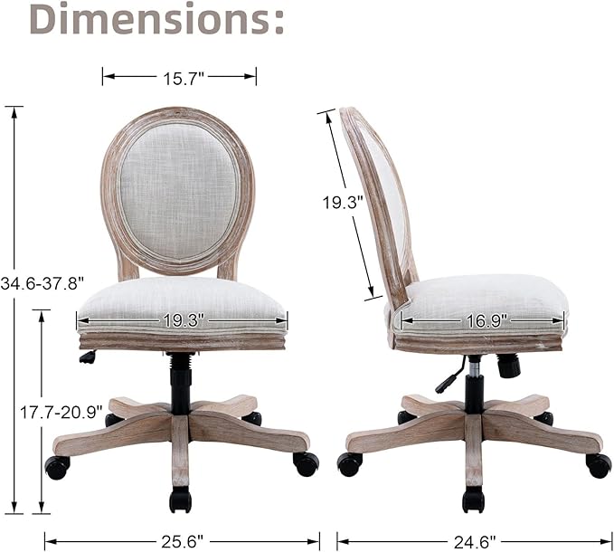 LukeAlon Vintage Linen Office Chair, Adjustable Height Swivel Task Chair with Wood Frame Armless Desk Chair with Wheels Upholstered Round Back Vanity Chair for Home Office Study Room, Beige-DeskLoop Office