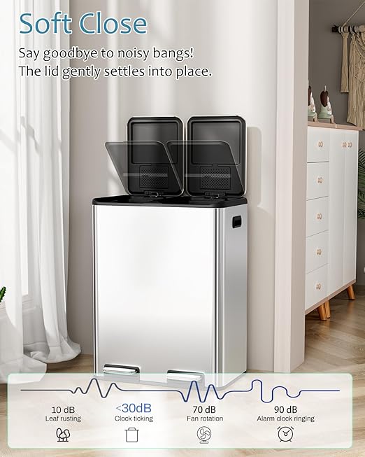 16 Gal (2 x 30 L) Dual Trash Can, Stainless Steel Kitchen Garbage Bin, Recycle Dustbin with Odor Control Box, Soft-Close Lid, Inner Buckets, Side Handle, Step Pedal, for Home Office-DeskLoop Office