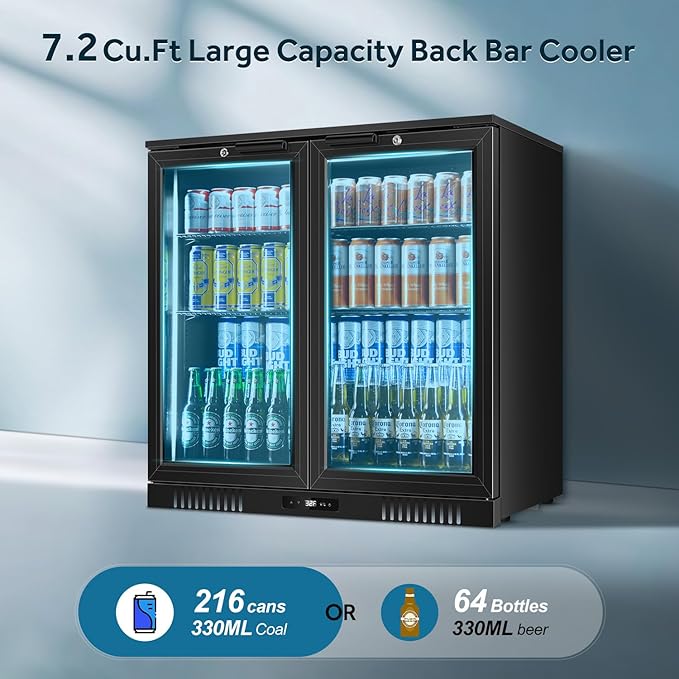 Tylza Back Bar Cooler With 2 Glass Doors, 7.2 Cu.Ft Under Counter Back Bar Refrigerator with LED Lighting, Safety Locks, Counter Height Bar Beverage Cooler for Beer, Soda Drinks, Wine, Black-DeskLoop Office