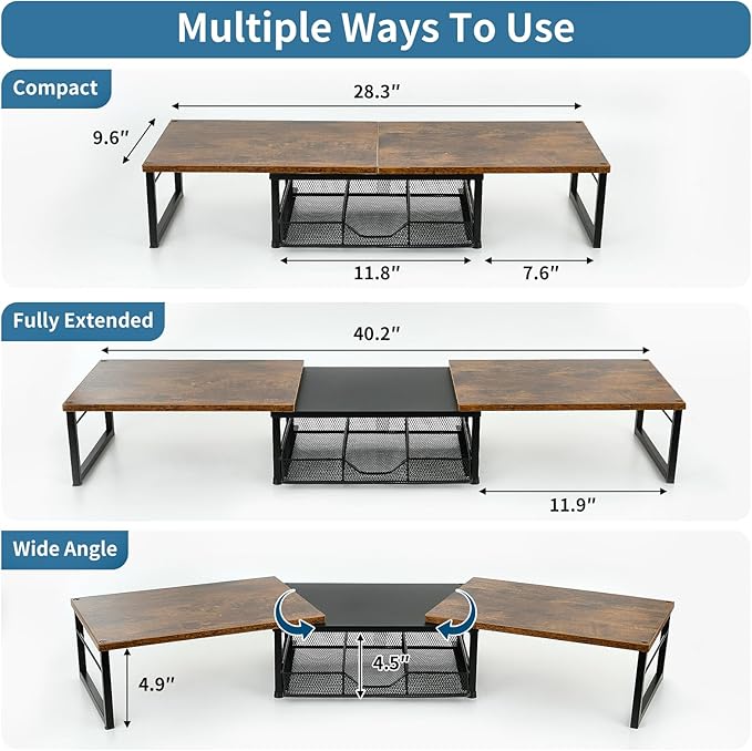 Dual Monitor Stand Riser, Desk Organizer with Drawer, Desk Organizers and Accessories, Workspace Organization Computer Monitor Stand for Laptop, Printer, TV, Office Supplies, Rustic Brown-DeskLoop Office