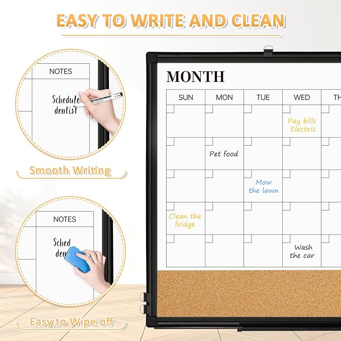 Dry Erase Calendar Board for Wall, 24"x18" Magnetic Whiteboard Calendar Double-Sided Monthly White Board with Cork Board, Black Aluminum Frame Memo Message Board for Office, Home, School-DeskLoop Office