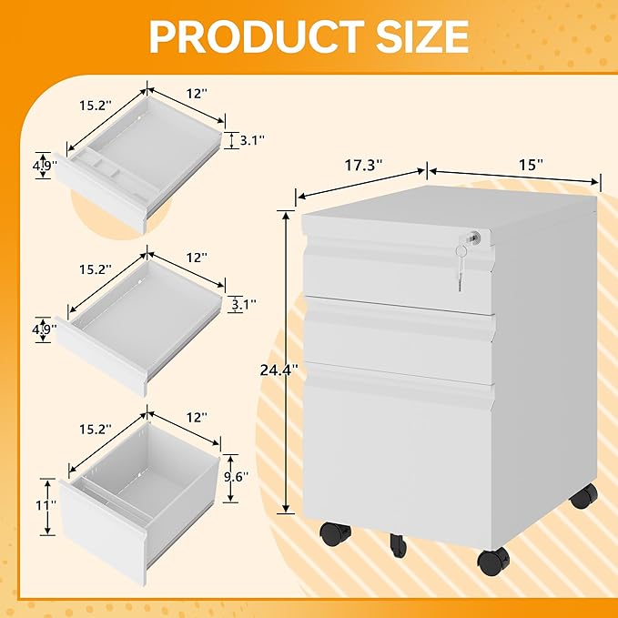 STANI Mobile File Cabinet with Lock Under Desk 3 Drawer Metal Filing Cabinet Locking Office Mobile Cabinet with Wheels Under Desk Office Drawers Rolling Mobile File Cabinet Fully Assembled-DeskLoop Office
