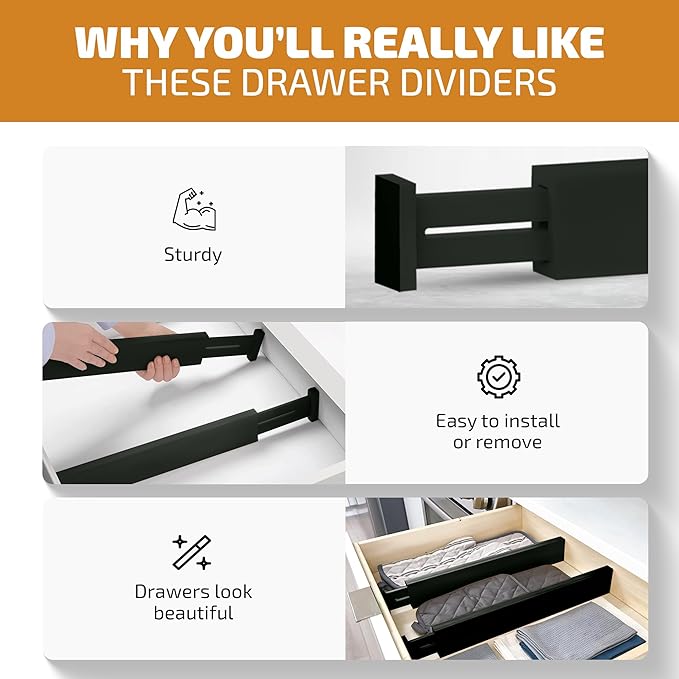 4 Pack Drawer Dividers Bamboo 2.6" High, 16-22" Adjustable Drawer Organizers for Clothes, Expandable Dresser Separators in Bedroom/Bathroom/Kitchen/Office Organization and Storage (Black)-DeskLoop Office