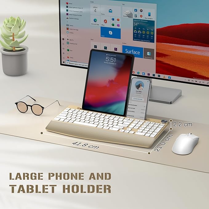 JOYACCESS Ergonomic Wireless Keyboard with Palm Rest & Tilt Angle, 2.4G Full-Size, Comfortable Typing, USB-C Adapter & Phone Holder for Mac/Windows -Gold White-DeskLoop Office