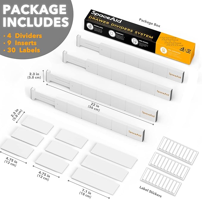 SpaceAid Bamboo Drawer Dividers with Inserts and Labels, Kitchen Adjustable Drawer Organizers, Expandable Organization for Home, Office, Dressers, 4 Dividers with 9 Inserts (17"-22" White)-DeskLoop Office