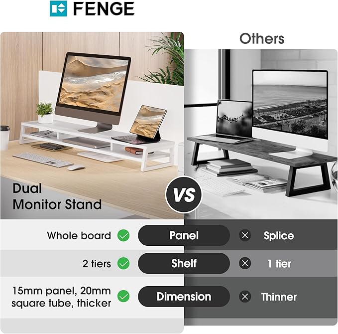 Fenge Dual Monitor Stand for Desk, 42.5in Large Monitor Riser for 2 Monitors, 2 Tier Computer Office Desk Top Shelf, Desktop Storage Stand for Laptop, PC, Computer, Printer-DeskLoop Office