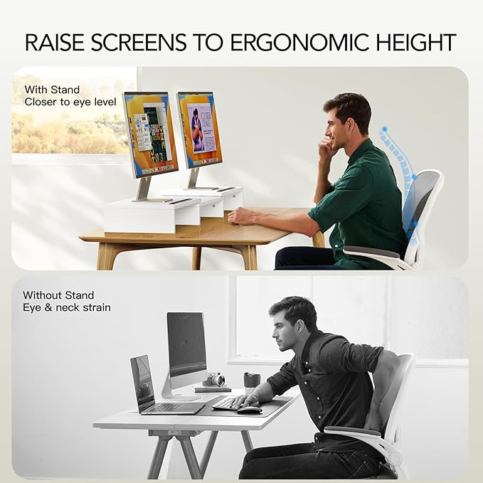 AMERIERGO Dual Monitor Stand Riser- 3 Shelf Screen Stand with Adjustable Length and Angle, 2 Extra Functional Slot Desktop Organizer Stand for PC, Computer, Laptop (White)-DeskLoop Office