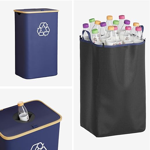 SpaceAid Recycling Bin for Kitchen 26 Gallon, 100L Recycle Bin with Lid and 2 Reusable Inner Bags, for Bottle Can Glass Plastic Stickers, Blue-DeskLoop Office
