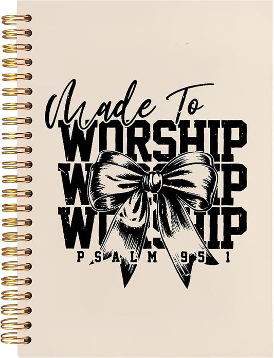 BearCake Christian Coquette Bow Notebook Journal, Made to Worship Prayer Journal for Women, Preppy Christian Gifts for Women, Bible Journaling Neutral Hardcover Spiral Notebook 5.5x8.3-DeskLoop Office