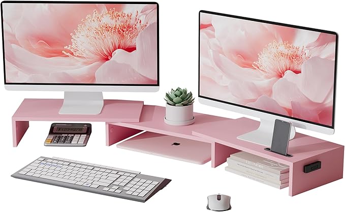 BONTEC Dual Monitor Stand Riser with Smartphone Holder, Adjustable Length & Swivel Angle, Ergonomic Wooden Desktop Organizer for PC Monitor, Laptop, Printer, Large Storage, Pink-DeskLoop Office