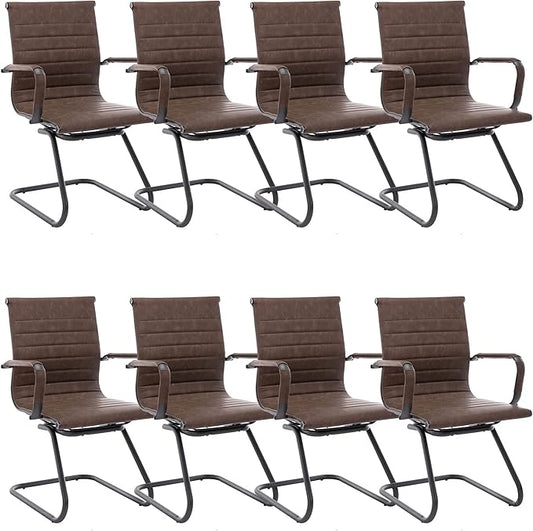 Office Desk Chair No Wheels Set of 8 PU Leather Computer Chairs Mid Back Guest Chairs for School Reception Conference Waiting Room, Vintage Brown-DeskLoop Office