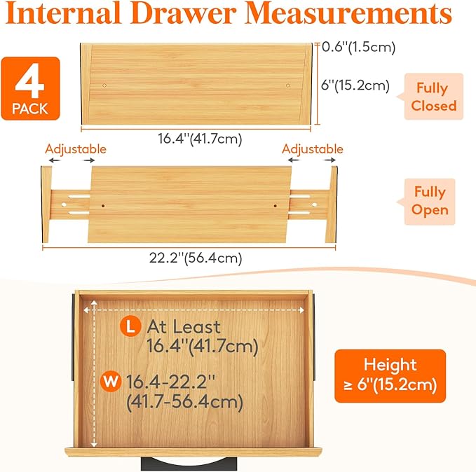 Lifewit 4 Pack Drawer Dividers Bamboo 6" High, 16-22" Adjustable Clothes Drawer Organizers, Expandable Dresser Separators in Bedroom/Bathroom/Kitchen/Office Organization and Storage-DeskLoop Office