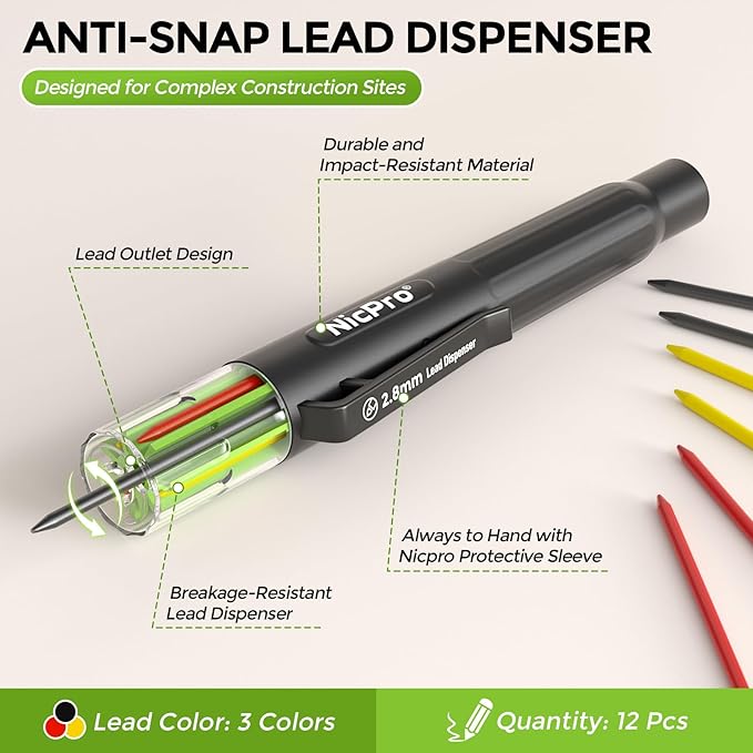 Nicpro 12 Pcs Carpenter Pencil 2.8mm Lead Refills, Replacement Lead Dispenser (including 4x Black, Red, Yellow), Break Resistant 2.8 mm Leads for Construction Pencils, Woodworking Pencils-DeskLoop Office
