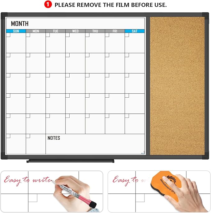 XBoard Dry Erase Calendar Whiteboard 28 X 20 - Combo White Board Calendar Monthly, Magnetic White Board + Corkboard with Black Aluminum Frame-DeskLoop Office