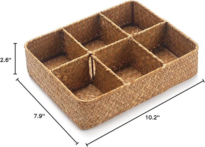 Tea Bag/Sugar Packet Holder, Coffee Station Condiment Organizer, Seagrass Storage Basket, Wicker Rattan Divided Basket Organizer for Drawer/Shelf/Countertop-DeskLoop Office