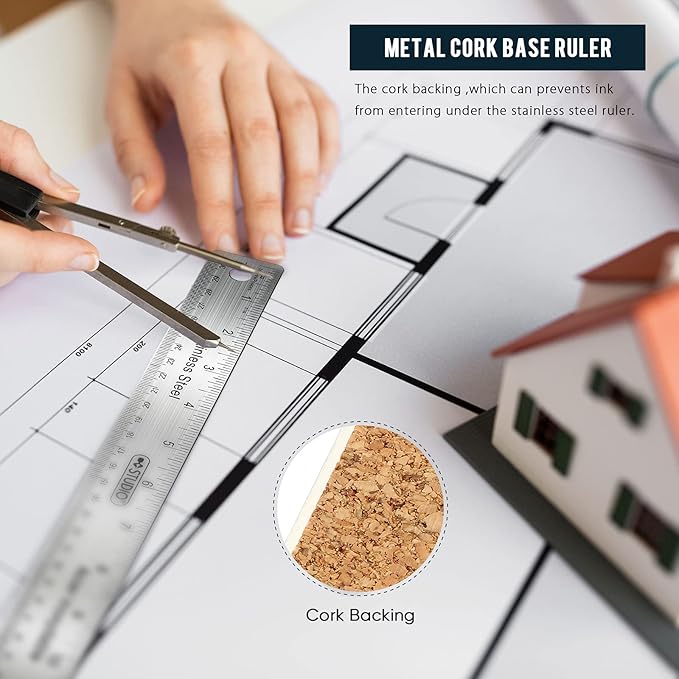 Frienda 2 Pcs Metal Ruler Cork Backed 12 Inch and 18 Inch Stainless Steel Rulers with Cork Backing Non Slip Straight Measure Edge for Student Graduation School Supply-DeskLoop Office