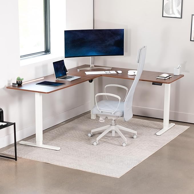VIVO Electric Corner L-Shaped 75 x 63 in Standing Desk, Memory Height Adjustment, Dark Walnut Top White Frame, DESK-E3CTWD-75-DeskLoop Office