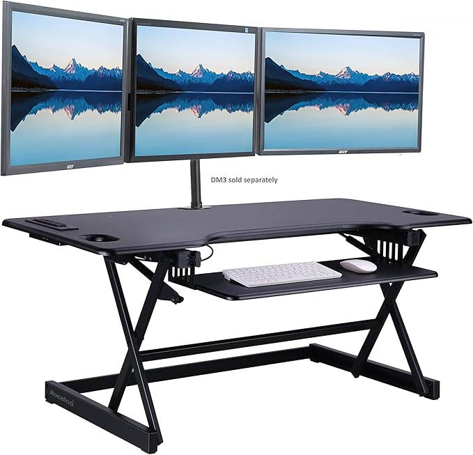 Rocelco 46" Standing Desk Converter with AC USB Charger and Dual Monitor Stand - Height Adjustable Three Screen Riser Computer Workstation - Sliding Keyboard Tray - Black (R DADRB-46-ACUSB-DM3)-DeskLoop Office