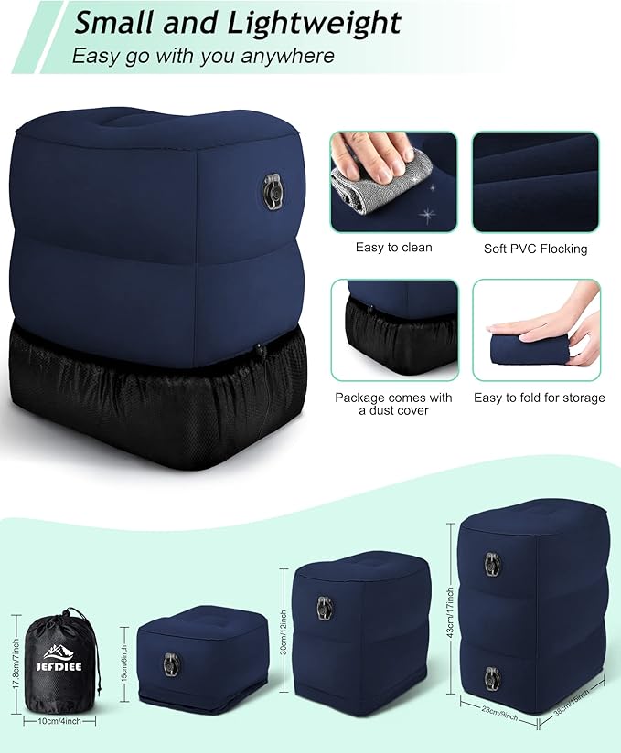 JefDiee Inflatable Travel Foot Rest Pillow, Kids Airplane Bed, Adjustable 3 Layers Height Leg Rest Pillow, Adults Travel Essentials Great for Airplane, Office, Home, Trains, Cars (Blue)-DeskLoop Office