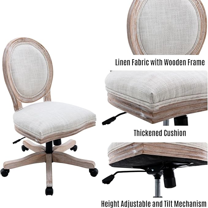 LukeAlon Vintage Linen Office Chair, Adjustable Height Swivel Task Chair with Wood Frame Armless Desk Chair with Wheels Upholstered Round Back Vanity Chair for Home Office Study Room, Beige-DeskLoop Office