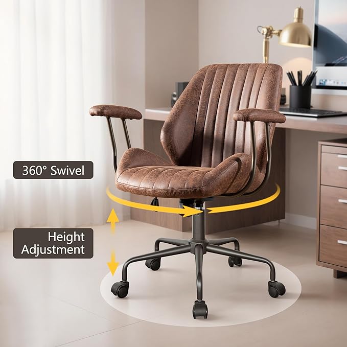 Mid Century Modren Office Chair - Mid Back Swivel Executive Chair with Lumbar Support,Ergonomic Computer Desk Chair with Wheels,Faux Lether Suede Task Chair,350lbs (Dark Brown, Mid Back)-DeskLoop Office