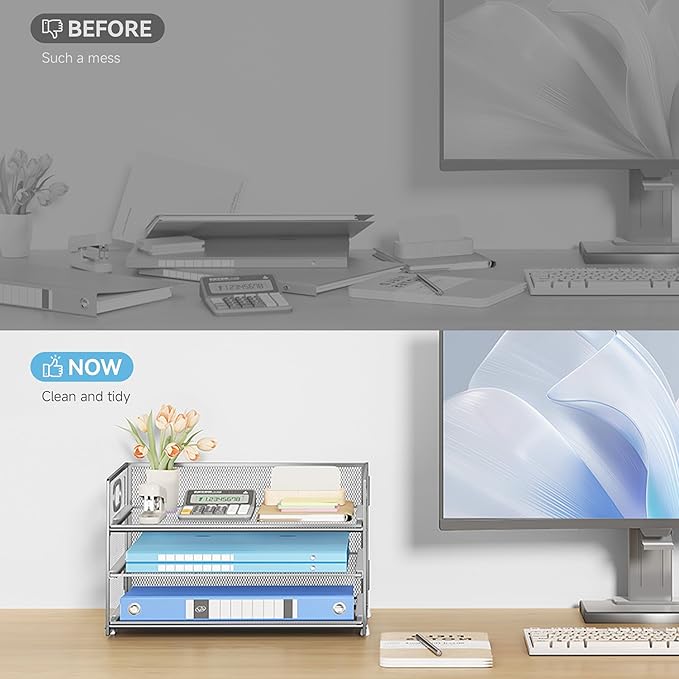 Subekyu 3 Tier Paper Desk Organizer with Handle and 1 PC Slideable Letter Tray, A4 Paper File Folder Sorter Metal Mesh Organizer for Home Office School Desk Supplies Organization Storage, Silver-DeskLoop Office