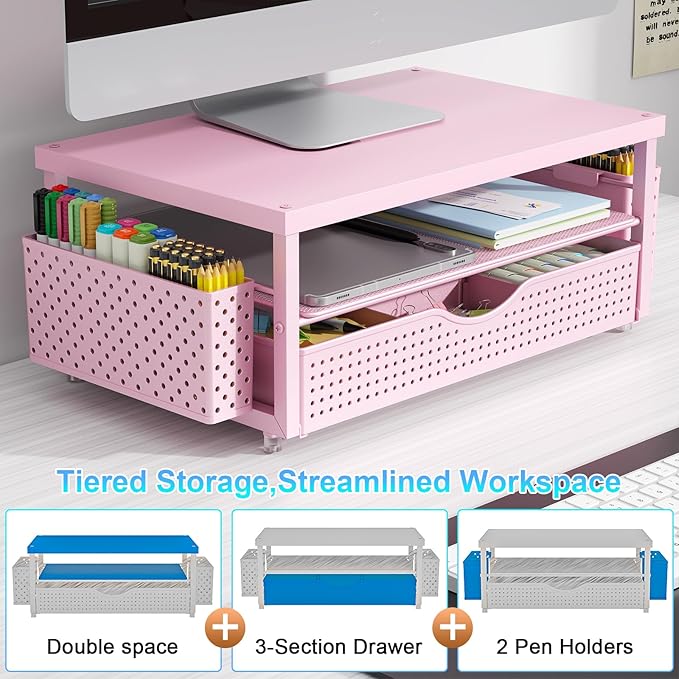 gianotter Wood Monitor Stand Riser, Desk Organizer with Drawer and 2 Pen Holders, 2-Tier Workspace Organizer for Office Supplies(Pink Wood)-DeskLoop Office