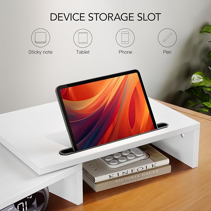 AMERIERGO Dual Monitor Stand Riser- 3 Shelf Screen Stand with Adjustable Length and Angle, 2 Extra Functional Slot Desktop Organizer Stand for PC, Computer, Laptop (White)-DeskLoop Office