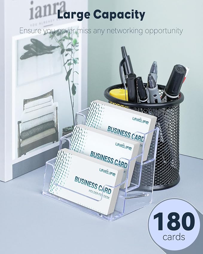 Uniclife 2 Pack Acrylic Business Card Holder for Desk 3 Slots Clear Business Card Display Stand for Men & Women Desktop Business Card Organizer Card Stand for Office Home Exhibition, 180 Card Capacity-DeskLoop Office