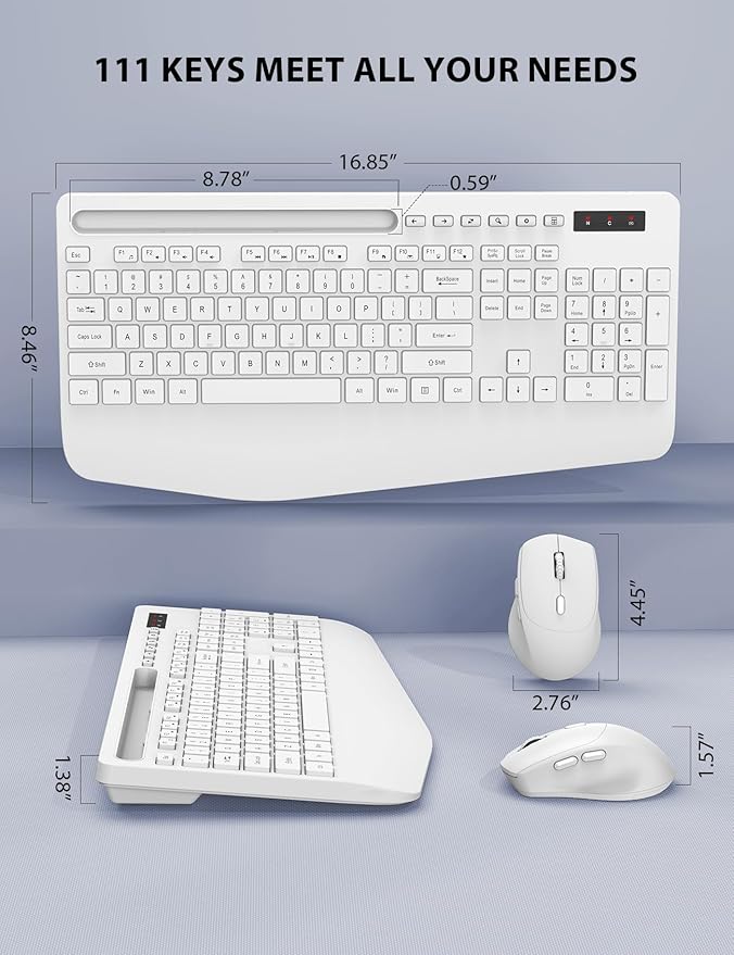 Wireless Keyboard and Mouse Combo - Full-Sized Ergonomic Keyboard with Wrist Rest, Phone Holder, Sleep Mode, Silent 2.4GHz Cordless Keyboard Mouse Combo for Computer, Laptop, PC, Mac, Windows,White-DeskLoop Office