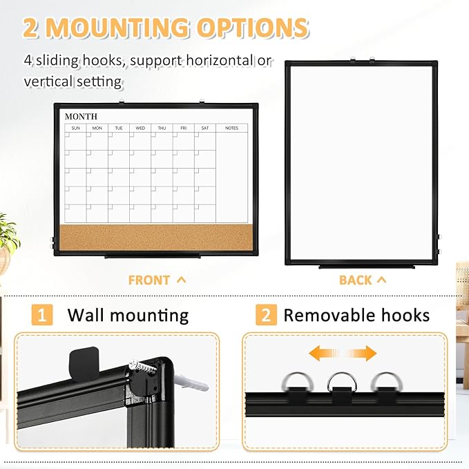 Large Dry Erase Calendar for Wall, 36"x24" Double-Sided Magnetic Whiteboard Calendar with Cork Board, Black Aluminum Frame Monthly White Board Memo Message Board for Office, Home, School-DeskLoop Office