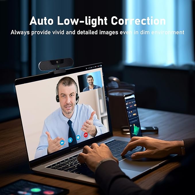 4K Webcam, Computer Camera with 4 Noise-canceling Microphones for Computer/Laptop/Mac, Privacy Cover and Tripod, Work with Video Conference, Live Streaming, Gaming, Video Calls, Zoom-DeskLoop Office