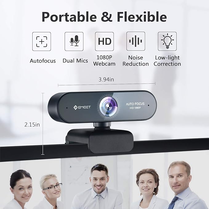 1080P Webcam with Microphone, eMeet Nova AutoFocus HD Webcam, 96°View Web Camera w/ 2 De-Noise Mics for Laptop/Desktop, Plug & Play USB Streaming Computer Camera for Conference/Calling/Teaching/Gaming-DeskLoop Office