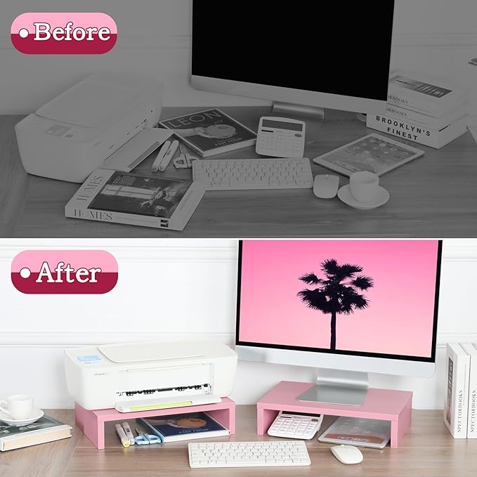 TEAMIX Pink Monitor Stand Riser-2 Pack,Wood 2 Tier Adjustable Monitor Stand Dual Monitor Riser for 2 Monitors/Laptop/PC Computer Stand for Desk-DeskLoop Office