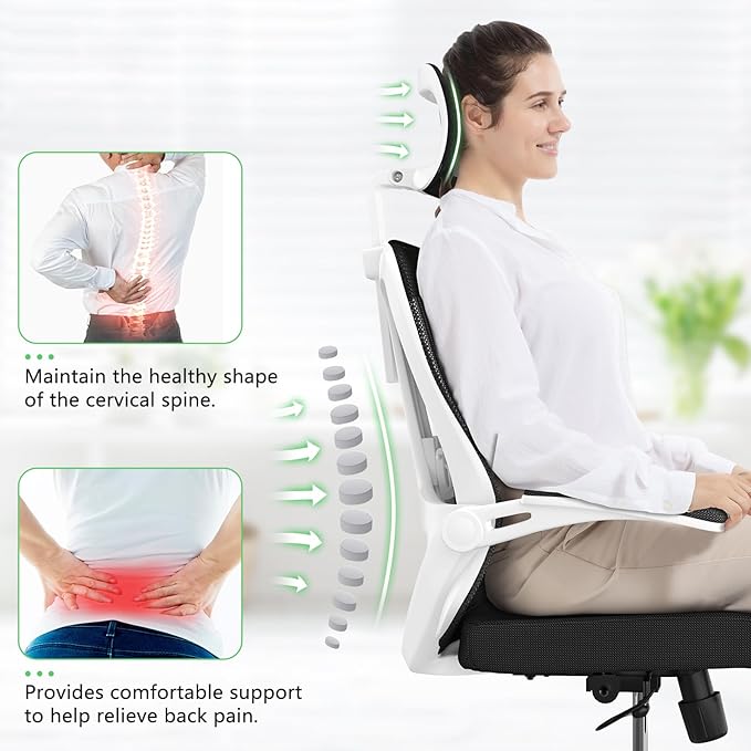Office Desk Chair, High Back Ergonomic Comfy Offiec Chairs, Computer Mesh Chair with Folding Arms, Adjustable Headrest, Capacity 350LBS, Lumbar Support-DeskLoop Office