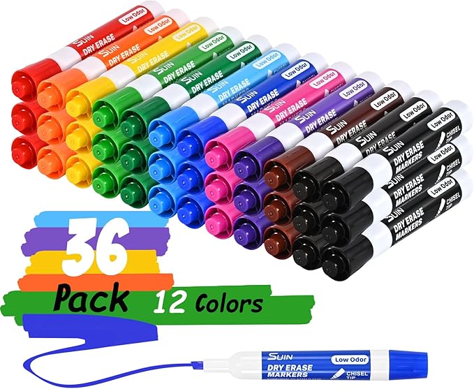 SUIN Dry-Erase-Markers, Chisel Tip - Whiteboard Markers, Low Odor Dry Erase Markers, Chisel Tip Markers, Whiteboard Marker, Assorted 12 Colors, 36 Count-DeskLoop Office