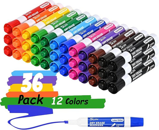 SUIN Dry-Erase-Markers, Chisel Tip - Whiteboard Markers, Low Odor Dry Erase Markers, Chisel Tip Markers, Whiteboard Marker, Assorted 12 Colors, 36 Count-DeskLoop Office