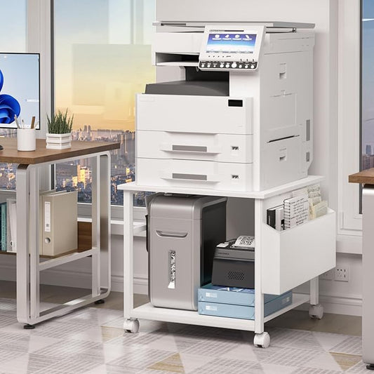 Lerliuo Large Printer Stand with Storage Shelf, 23.6 x 23.6 x 22.8 Industrial Printer Table for Home Office, Rolling Printer Cart Holder with Lockable Wheels, Mobile Mini Fridge Stand Table (White)-DeskLoop Office