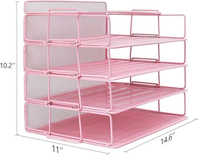 LUCYCAZ Desk Organizer - Stackable Paper Tray, 4 Tier Pink Letter Tray, 5 Trays Metal Paper Organizer for Desk, File Organizer for School Home and Office-DeskLoop Office