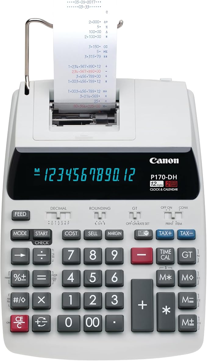 Canon Office Products 2204C001 Canon P170-DH-3 Desktop Printing Calculator with Currency Conversion, Clock & Calendar, and Time Calculation, Black/White/Silver, 14.60 Inch x 9.60 Inch x 3.00 Inch-DeskLoop Office