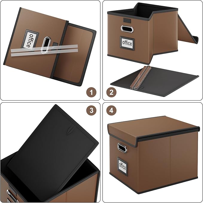 Huolewa File Organizer Boxes with Lids, Collapsible Faux Leather Hanging File Folder Box Organizer with Plastic Slide, Decorative Home/Office Filing System Boxes for File and Folders Storage-DeskLoop Office