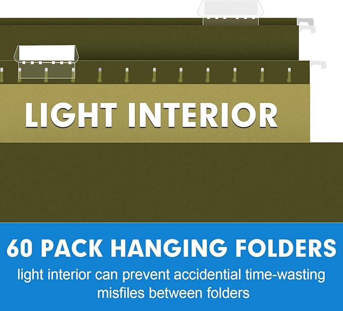 Hanging File Folders, RAZCC 60 Pack Reinforced Hanging Folders Letter Size, Designed for Bulky Files, Filing Cabinet, Adjustable Tabs, Green-DeskLoop Office