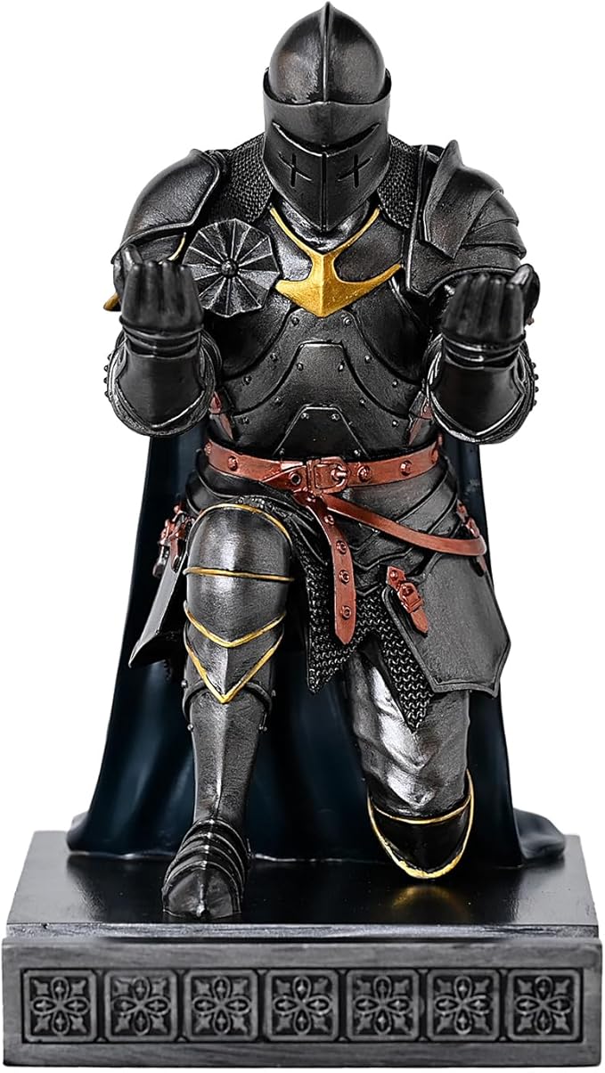 Medieval Armored Warrior Wearing Outerwear, Mobile Phone Stand Knight Pen Holder Desk Organizers, Resin Bookends Paperweight with a Letter Opener for Desk (Iron&Green)-DeskLoop Office