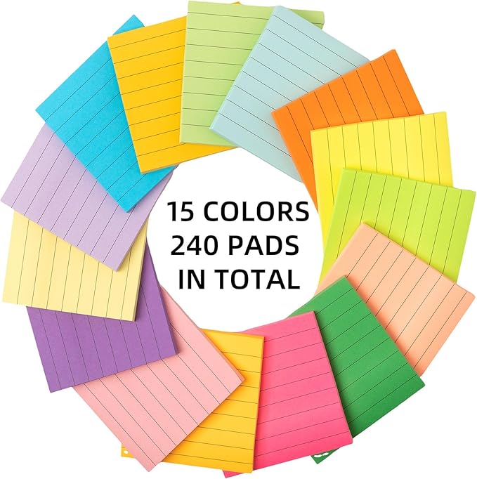 Seajan 240 Pads 3 x 3 Inch Sticky Notes Notepads Multi Bright Colors Self Sticky Pads for Students Teachers School Office Supply Desk Accessory 15 Colors, 50 Sheets Each(Neon,Line)-DeskLoop Office
