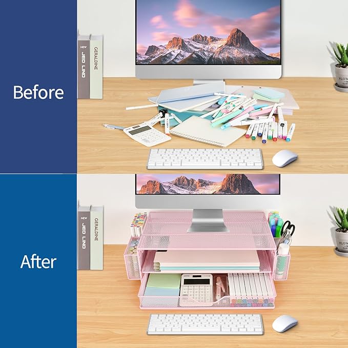 AUPSEN Computer Monitor Stands Riser,2-Tier Desk Organizers and Accessories, Office Desk Accessories Organizer with Drawers and 2 Pen Holder for Office Supplies (Pink)-DeskLoop Office