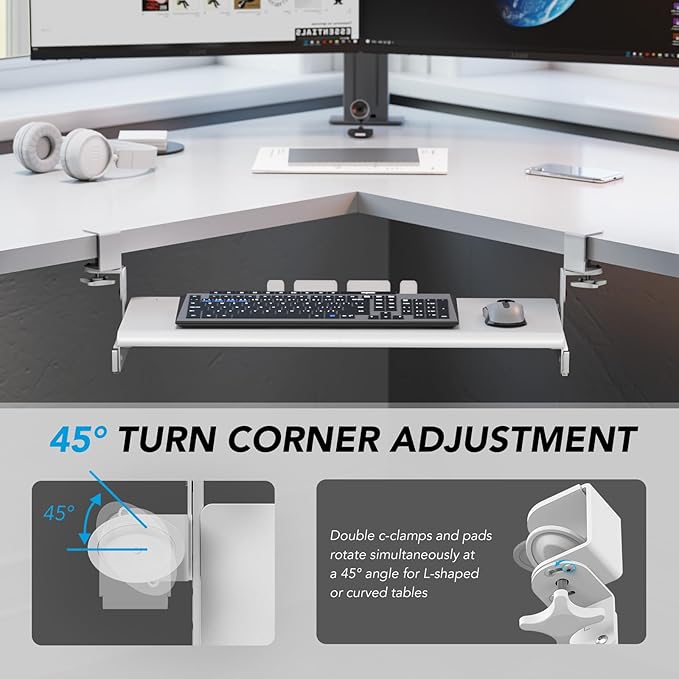 Keyboard Tray Under Desk Pull Out with Extra Sturdy C Clamp Mount System, 27.3 (32.5 inch Including Clamps) x 11 Inch Slide-Out Platform Computer Drawer for Typing White AX01WW01-DeskLoop Office